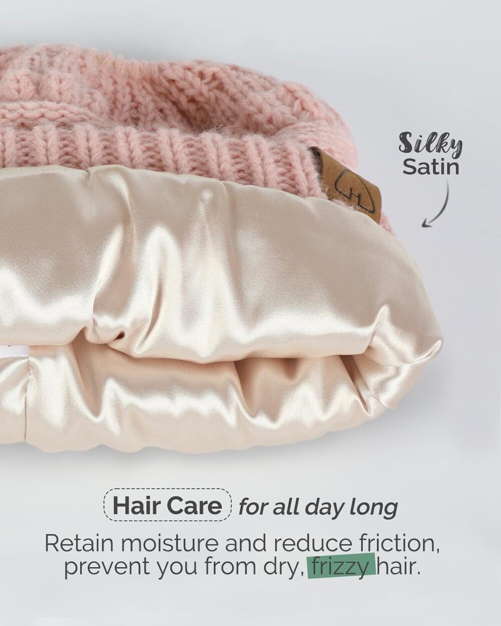 9543 Satin Lined Beanie Hat Silk Lined Winter Hat for Curly Hair Ponytail - Picture 2 of 7